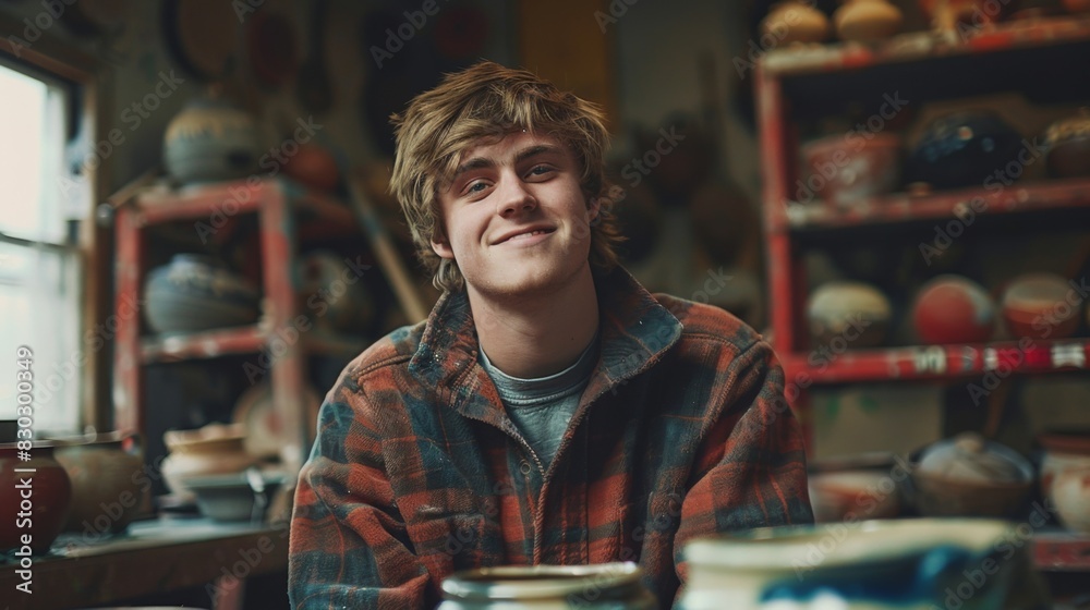 A smiling young potter in a flannel shirt in a workshop full of ceramics, with pottery pieces blurred in the background. A smiling young potter in a flannel shirt in a workshop full of ceramics, with pottery pieces blurred in the background.