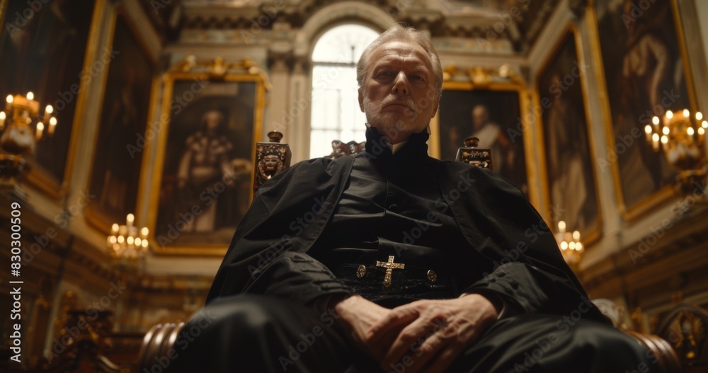 An older man in a black uniform sits regally in an ornate, baroque-style room with luxurious decor and historical paintings.