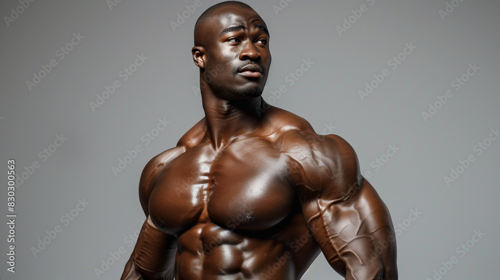 Muscular man posing confidently in studio lighting, showcasing defined physique, serious expression, grey background. Muscular man posing confidently in studio lighting, showcasing defined physique, serious expression, grey background.