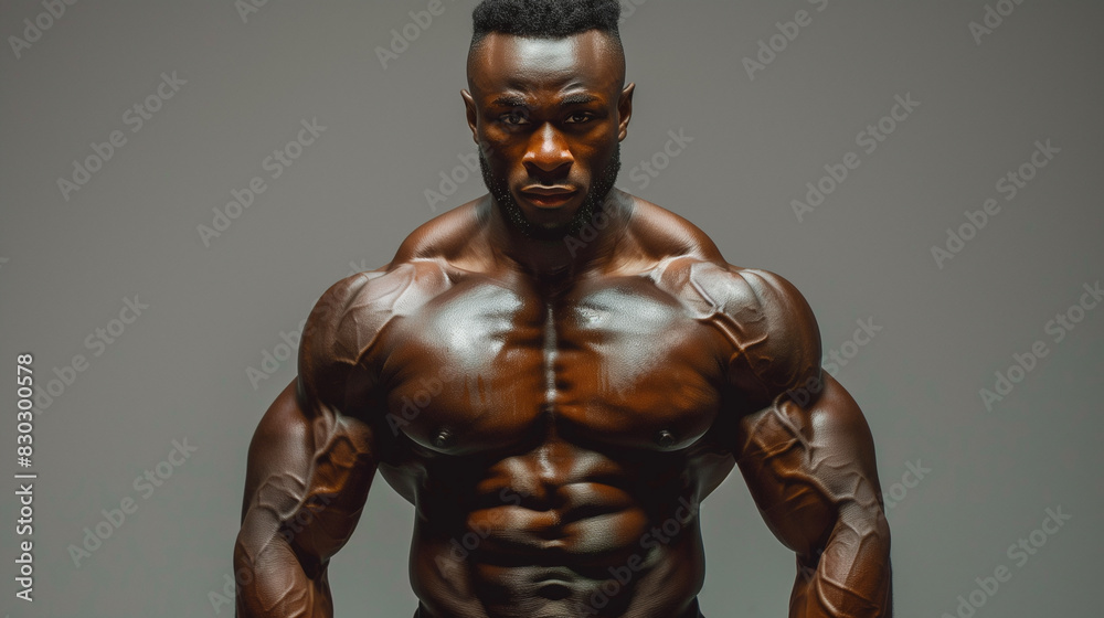Muscular man posing confidently in studio lighting, showcasing defined physique, serious expression, grey background. Muscular man posing confidently in studio lighting, showcasing defined physique, serious expression, grey background.