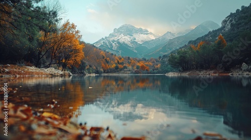 Tranquil scene of a high mountain range with snow-capped peaks reflected in a clear, calm lake surrounded by autumn foliage.