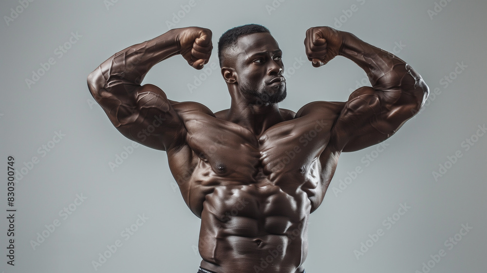 Muscular man flexing arms in studio lighting, wearing red shorts, intense expression, grey background. Muscular man flexing arms in studio lighting, wearing red shorts, intense expression, grey background.