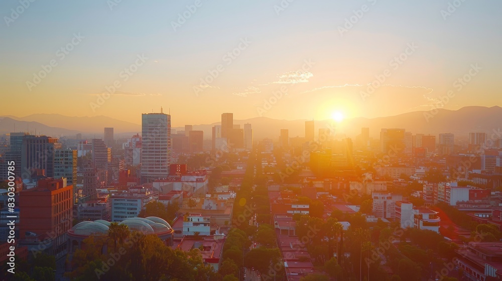 Aerial view of the Soumaya Museum and surrounding Mexico City skyline at sunrise, with soft golden light.