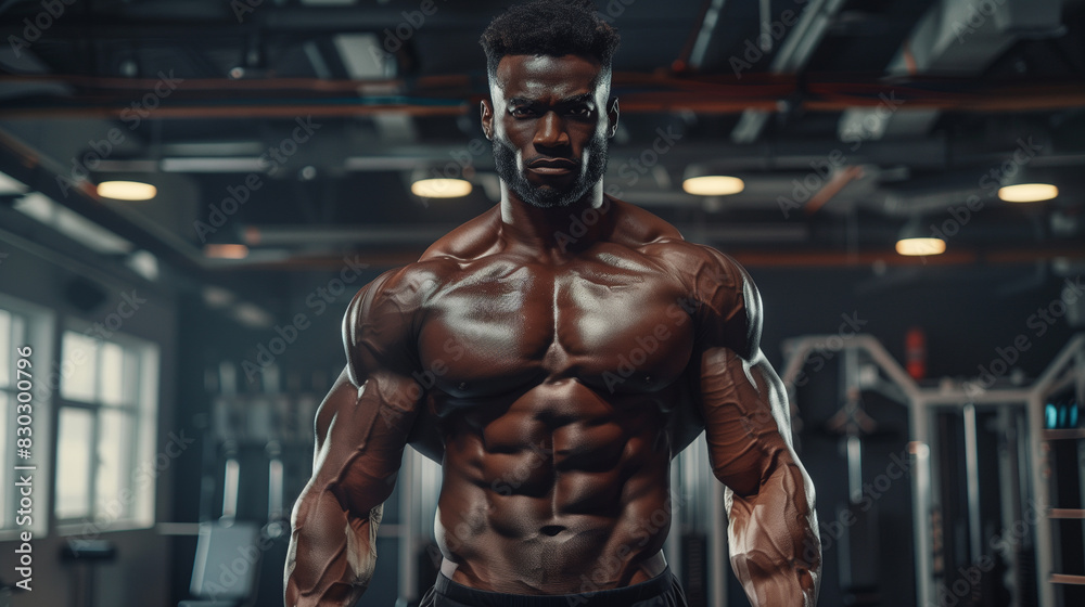 Muscular man flexing in gym, wet skin, defined muscles, industrial background. Muscular man flexing in gym, wet skin, defined muscles, industrial background.