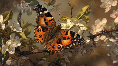 Butterfly of the Small Tortoiseshell Species Resting on Blooming Spring Branches
