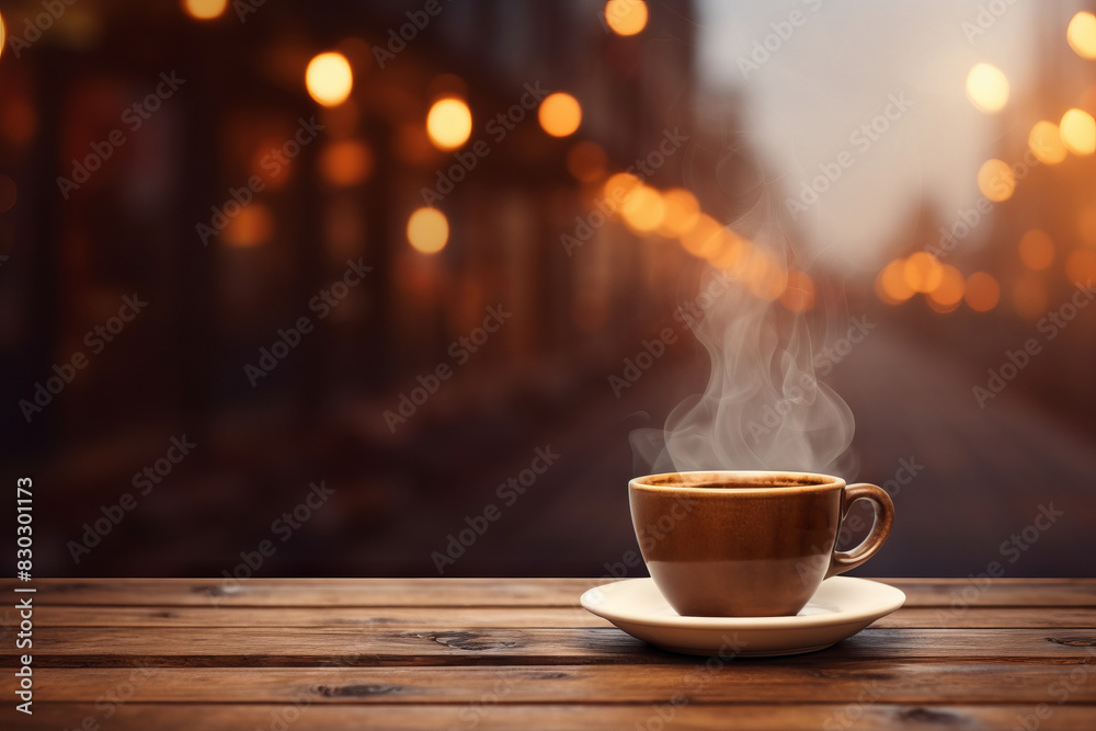 Coffee cup on wooden table in front of defocused lights Coffee cup on wooden table in front of defocused lights