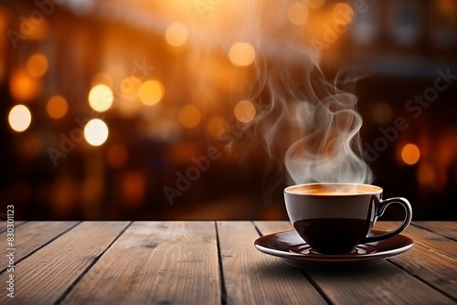 Coffee cup on wooden table in front of defocused lights