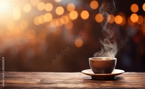 Coffee cup on wooden table in front of defocused lights