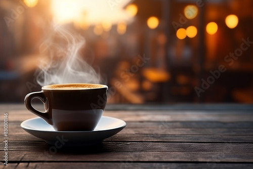 Coffee cup on wooden table in front of defocused lights