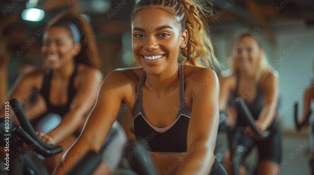 A group of cheerful young women in sportswear engaging in a cycling workout at a gym. A group of cheerful young women in sportswear engaging in a cycling workout at a gym.