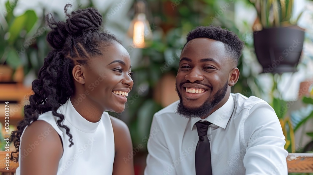 Two smiling businesspeople engaging in a conversation in a bright office environment, exuding professionalism and camaraderie. Two smiling businesspeople engaging in a conversation in a bright office environment, exuding professionalism and camaraderie.