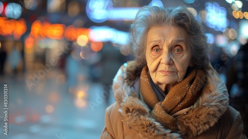 A senior woman with a thoughtful expression, standing outdoors with walking poles, cinematic night lights in background.
