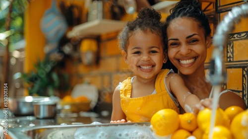 African American mother and daughter smile together in a kitchen, surrounded by oranges.