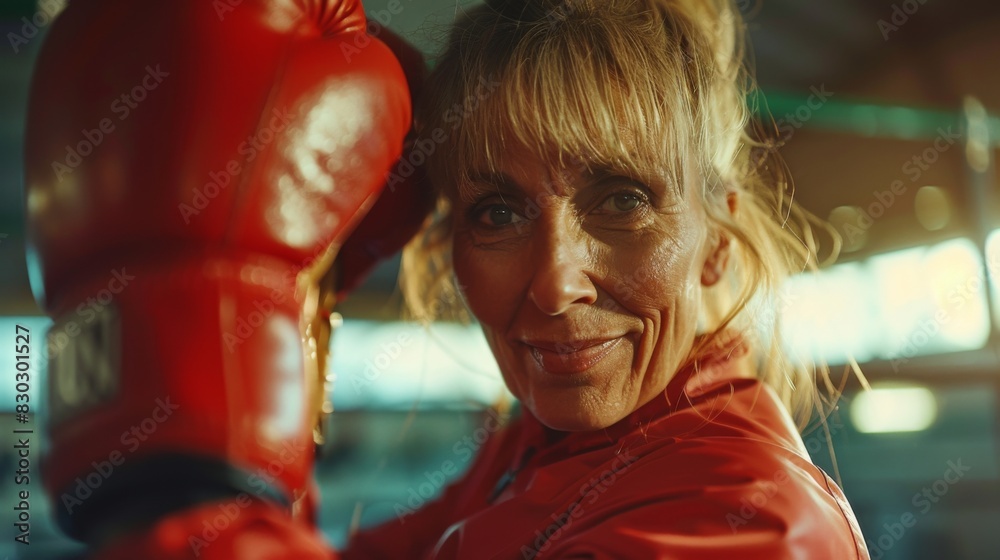 Fit mature woman smiling with boxing gloves near a punching bag in a ...