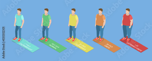 3D Isometric Flat Vector Illustration of Body Mass Index, BMI Classification Chart