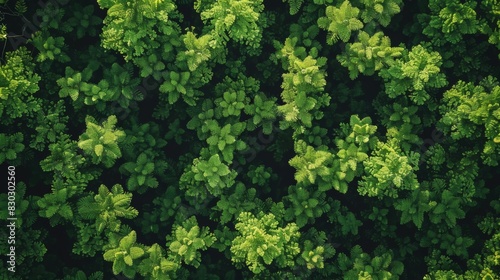 Aerial view of a lush mulberry field captured by a drone  showing the dense pattern of green leaves.