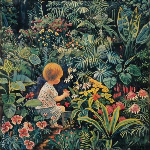 A child is sitting in a garden with many flowers and plants