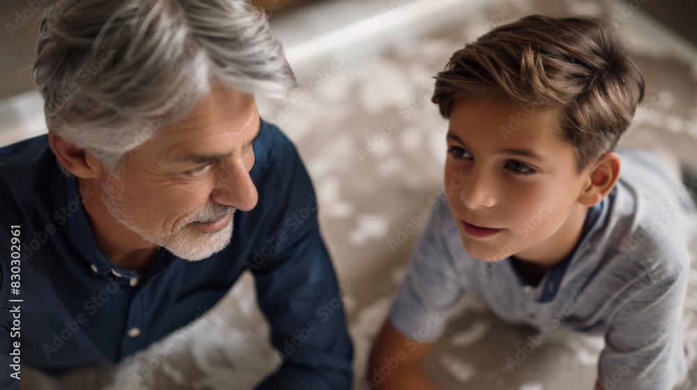A father speaks with his son, who is reclining on a rolled-up carpet at home, sharing a moment of bonding. A father speaks with his son, who is reclining on a rolled-up carpet at home, sharing a moment of bonding.