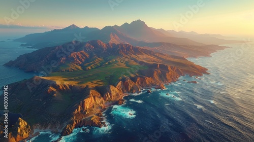 Aerial drone view of the rugged coastline and the majestic Pan di Zucchero island at sunset. photo
