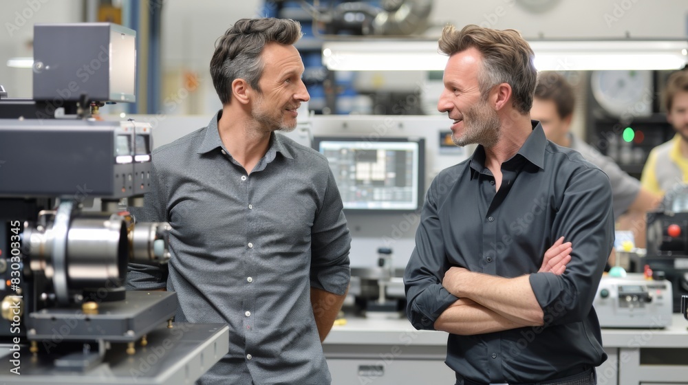 Two men, likely a maintenance engineer and a businessman, having a discussion in an industrial setting with machinery. Two men, likely a maintenance engineer and a businessman, having a discussion in an industrial setting with machinery.