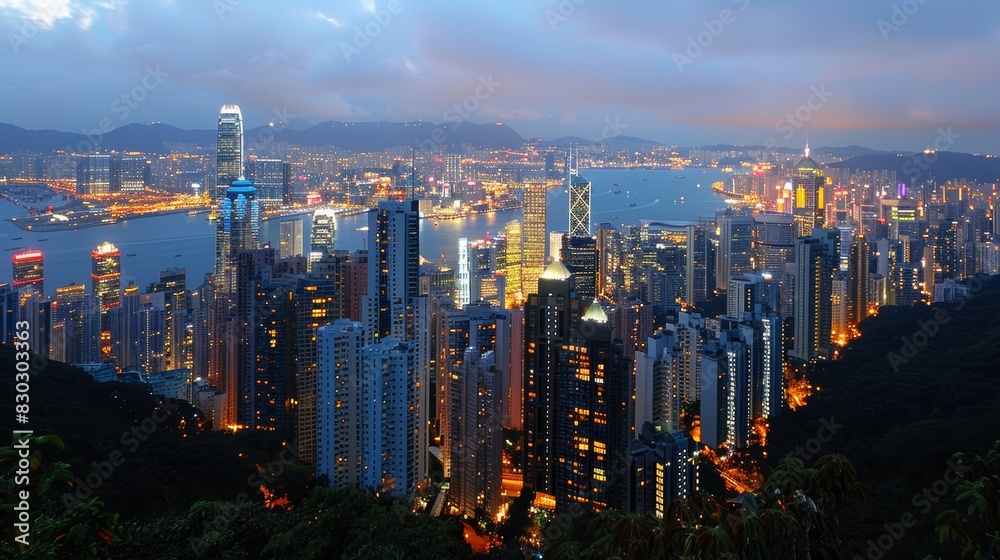 Urban skyscrapers resemble a stunning constellation at night, illuminating the dark cityscape Urban skyscrapers resemble a stunning constellation at night, illuminating the dark cityscape