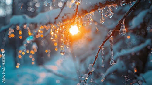 A captivating sunset seen through glistening icicles, with orange hues reflecting off the melting droplets.