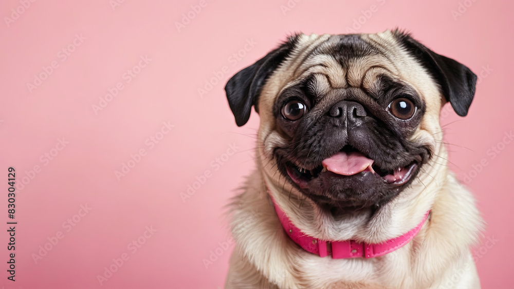 portrait of a cute pug on a pink background. close-up portrait of a happy pet