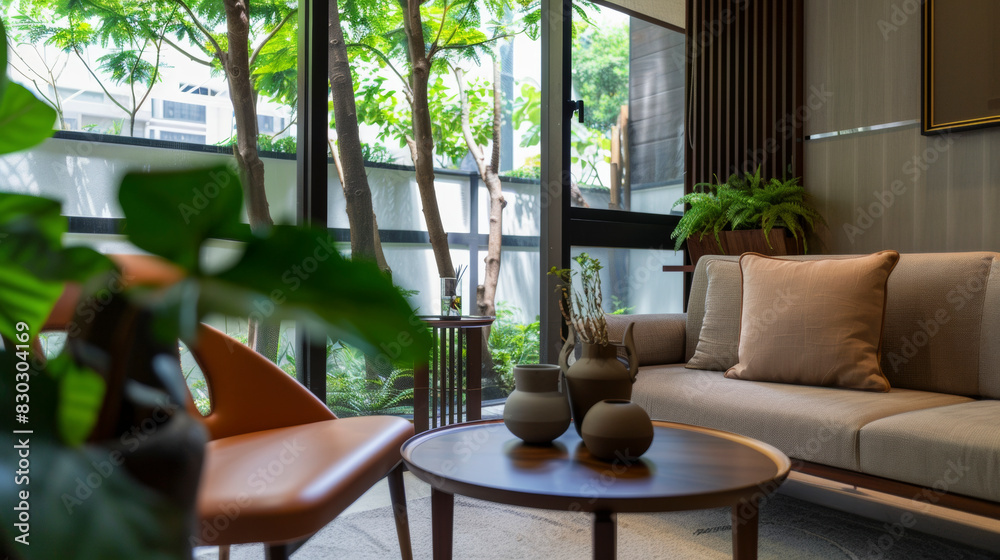 Fototapeta premium Modern Living Room with Indoor Garden View