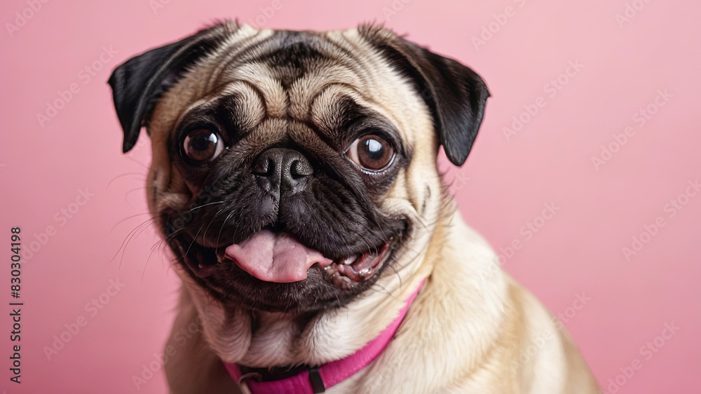 portrait of a cute pug on a pink background. close-up portrait of a happy pet