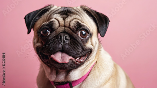 portrait of a cute pug on a pink background. close-up portrait of a happy pet © Ольга Листратова