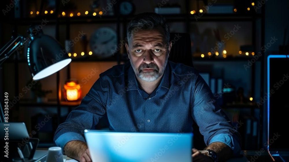 Mature businessman working intently on a tablet PC in a dark office with shelves and books in the background. Mature businessman working intently on a tablet PC in a dark office with shelves and books in the background.
