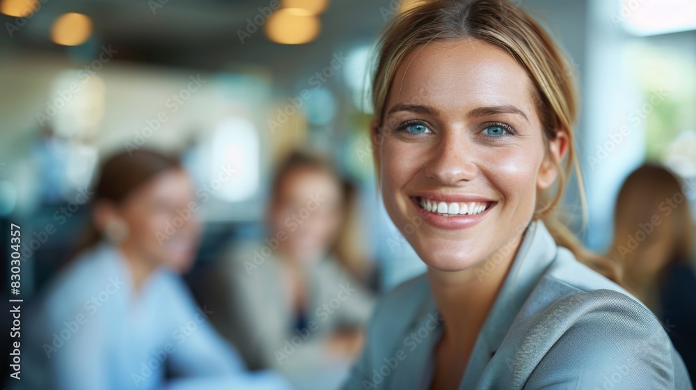 A smiling young female executive leaning on a conference table in an office environment with colleagues in the background. A smiling young female executive leaning on a conference table in an office environment with colleagues in the background.