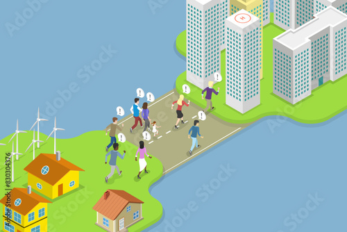 3D Isometric Flat Vector Illustration of Rural To Urban Migration, Population Growth and Urbanization