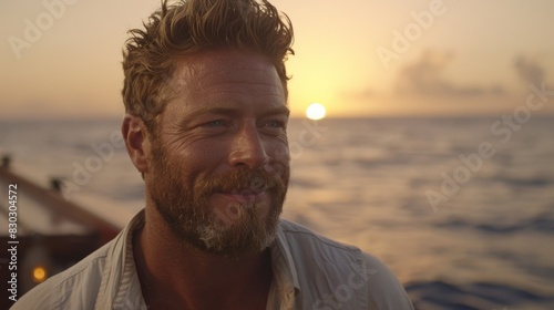 A smiling man with a beard standing in front of a sunset over the ocean, with a cinematic feel.