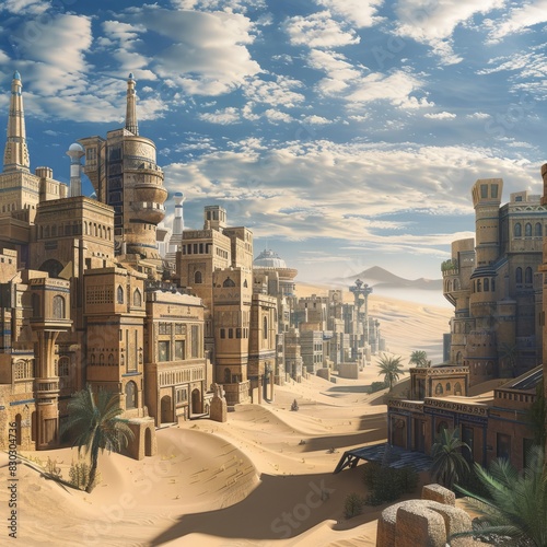 A desert city with a lot of buildings and a mountain in the background