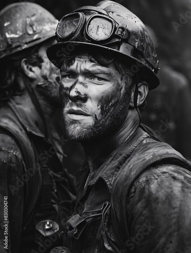 Intense Black and White Portrait of a Coal Miner Covered in Soot and Sweat, Wearing a Helmet, Capturing the Harsh Reality and Determination in Mining Work