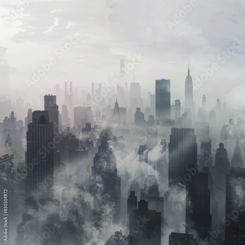 A city skyline is shown with a foggy atmosphere