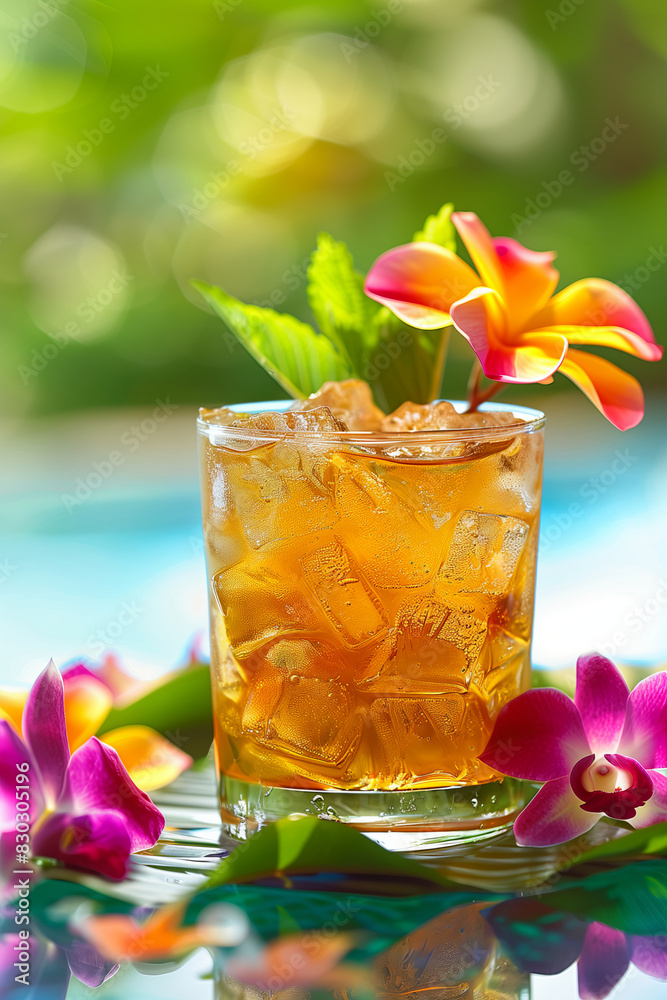 Φωτογραφία Famous Hawaiian Mai Tai alcoholic cocktail with syrup, lime juice, mint and crushed ice, on a background of exotic leaves and flowers