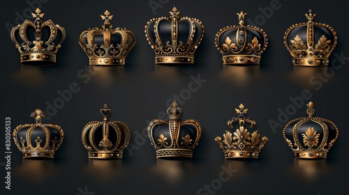 Elegant crown, tiara, diadem premium symbols for luxury company logos. Hand drawn lace jewelry, arabic, restaurant, hotel logotypes. photo