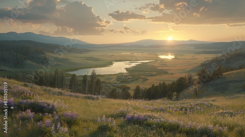 Sunset over Hayden Valley in Yellowstone, lupine flowers in the foreground with a serene landscape. photo