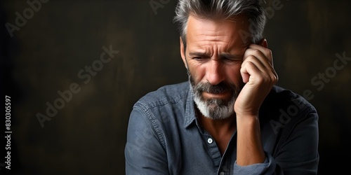Man displaying symptoms of Major Depressive Disorder by placing hand on forehead. Concept Mental Health, Major Depressive Disorder, Symptoms, Body Language, Gesture photo