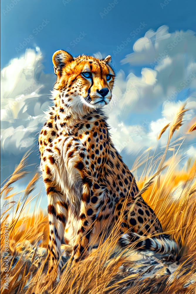 Φωτογραφία Majestic Cheetah in Savanna Sunset, A majestic cheetah with piercing blue eyes sits amidst golden grasses under a vast, cloudy sky