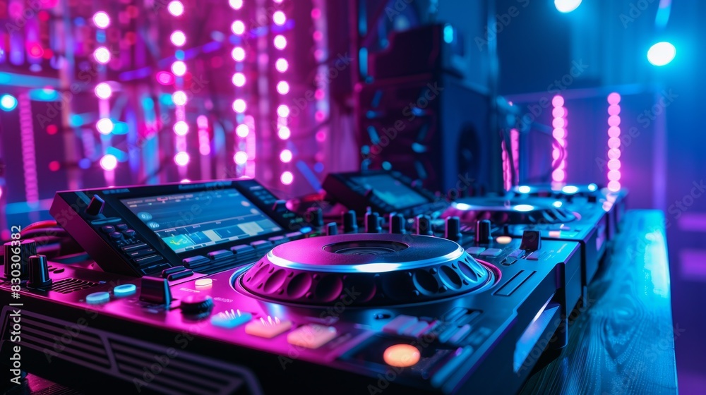 Φωτογραφία A DJ at work, blending beats on a chic mixing station with a tablet on top, creating an electrifying ambiance at a lively party