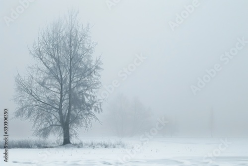 Snowy landscape with a lone tree in the middle of a field, winter forest background  © kramynina
