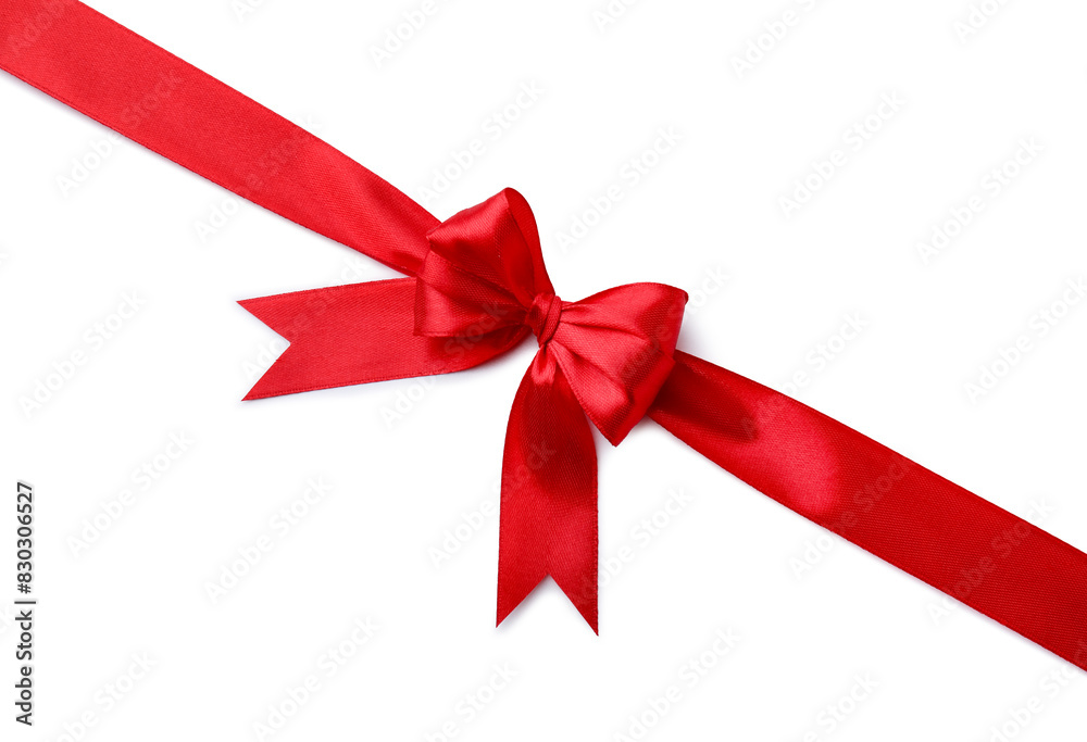 Red satin ribbon with bow isolated on white, top view Red satin ribbon with bow isolated on white, top view
