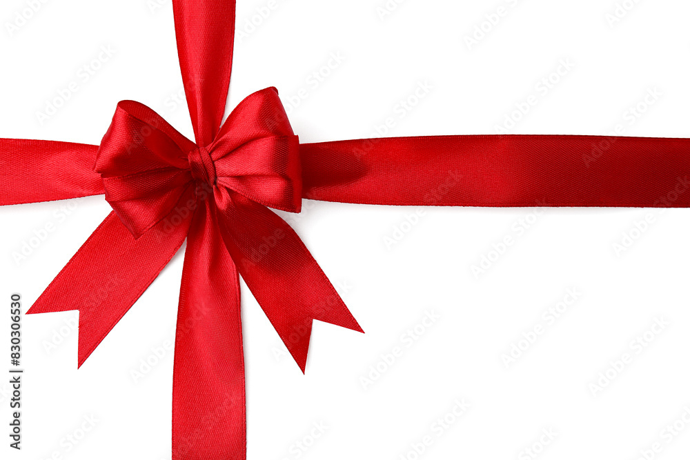 Red satin ribbon with bow isolated on white, top view Red satin ribbon with bow isolated on white, top view