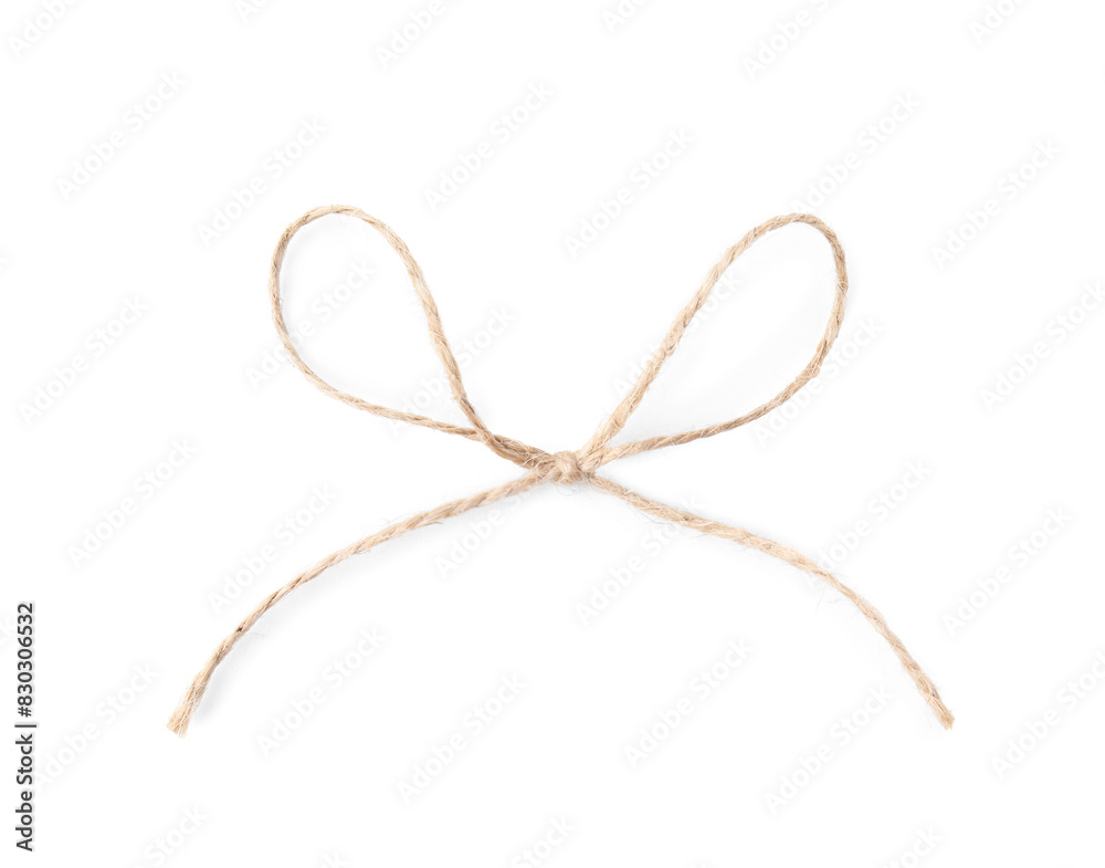 Linen rope string bow isolated on white, top view