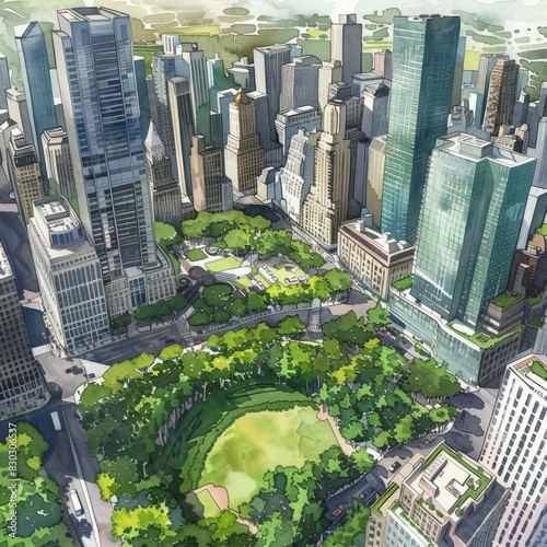 A cityscape with a large park in the middle
