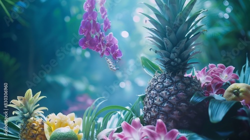 A vibrant still life of tropical fruits arranged with pink and purple flowers on a colorful  misty background.