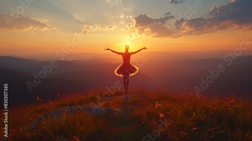 A silhouette of a dancer stretches with arms open and one leg lifted against a vivid sunset on a mountain.